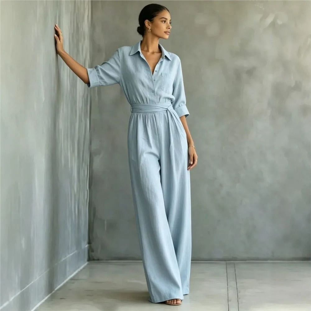 Elena wide-leg shirt jumpsuit in light blue, full-length side view
