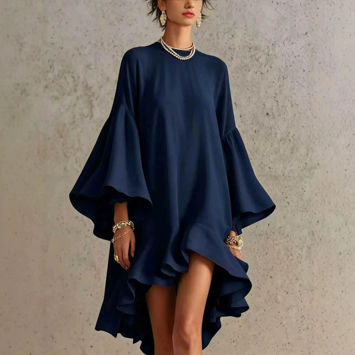 Amelia asymmetrical ruffle dress in navy blue, full front view