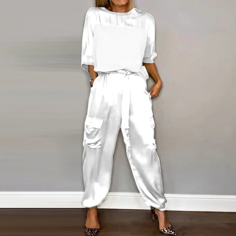 Nova casual cargo co-ord set in white, full-length front view