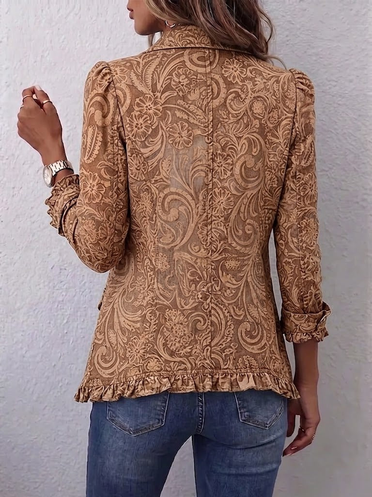 Concepción vintage floral ruffle jacket in brown, back view showing ruffled hem