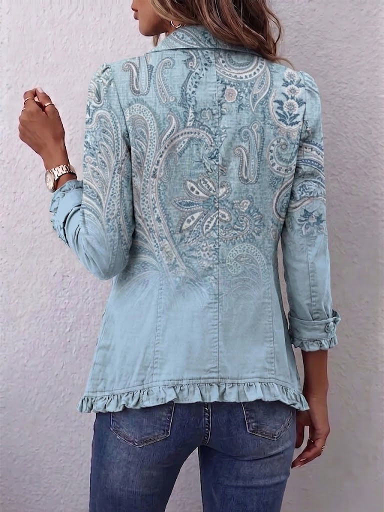 Remedios paisley ruffle jacket in sky blue, back view showing print and ruffle hem