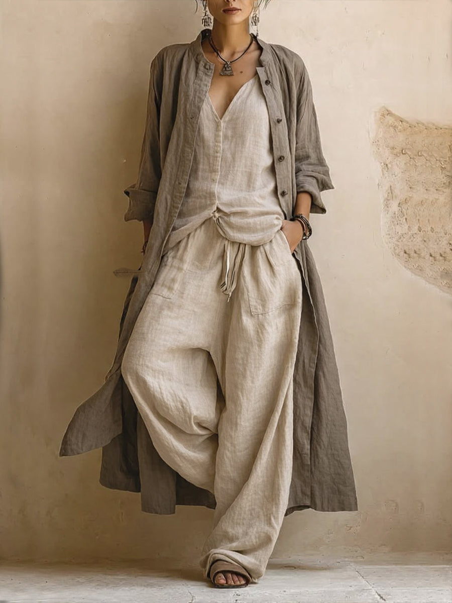 Boho three-piece co-ord set in sand, full-length front view with open longline cardigan