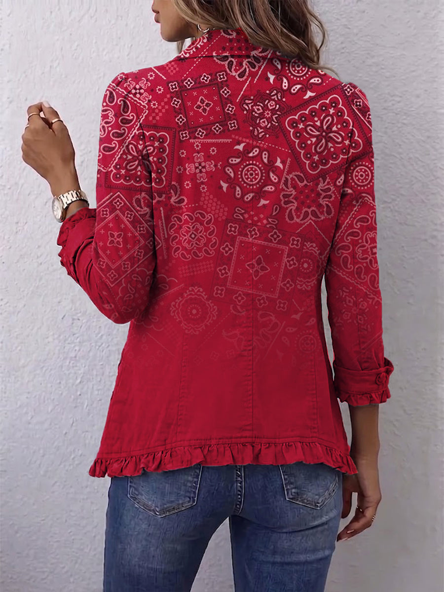 Clotilde ombre paisley ruffle jacket in red, back view showing ruffle hem