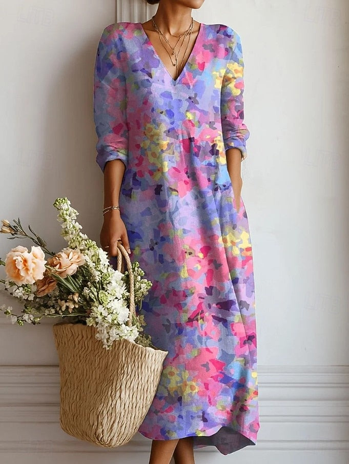 Kelly everyday comfort dress in purple watercolour floral print, full-length front view
