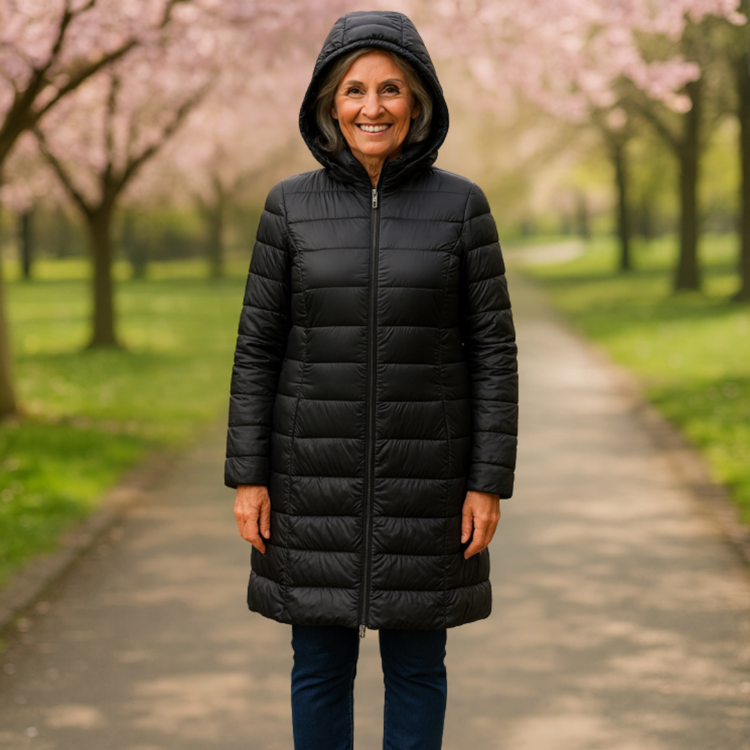 Helsa long padded jacket in black, worn with hood up, full-length front view