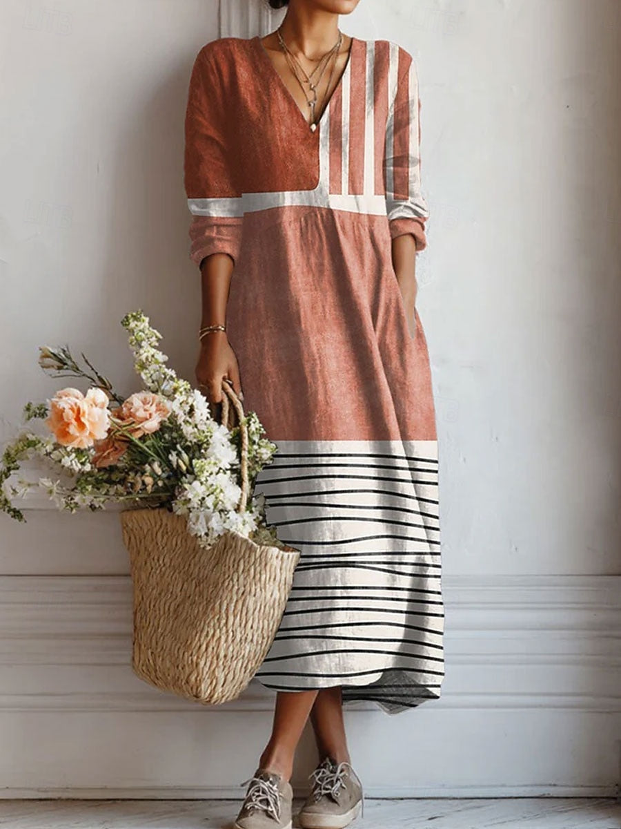 Zoey everyday comfort dress in rust and cream stripes, full-length front view