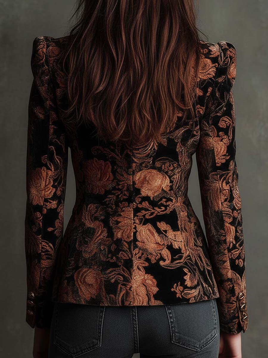 Jocelyn blazer in black and bronze, back view showing shoulder line