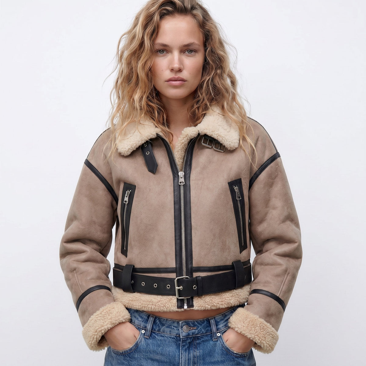 Wendy cropped aviator bomber jacket in khaki, front view zipped