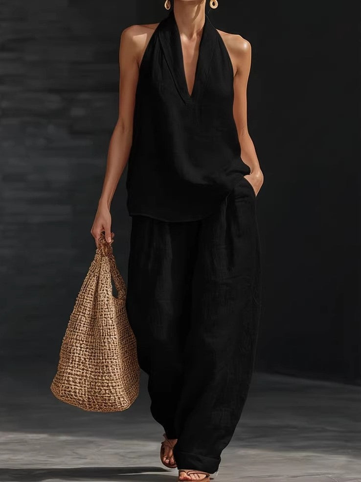 Lila sleeveless top and wide-leg trouser set in black, front view