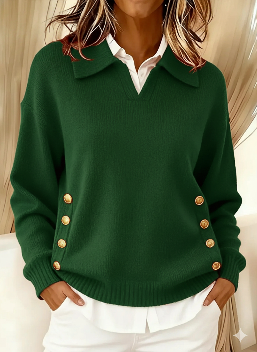 Vicenta polo-collar jumper in green, front view over white shirt