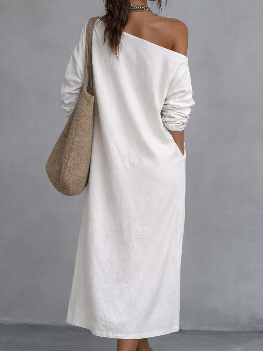 One shoulder midi dress in white, back view with long sleeves