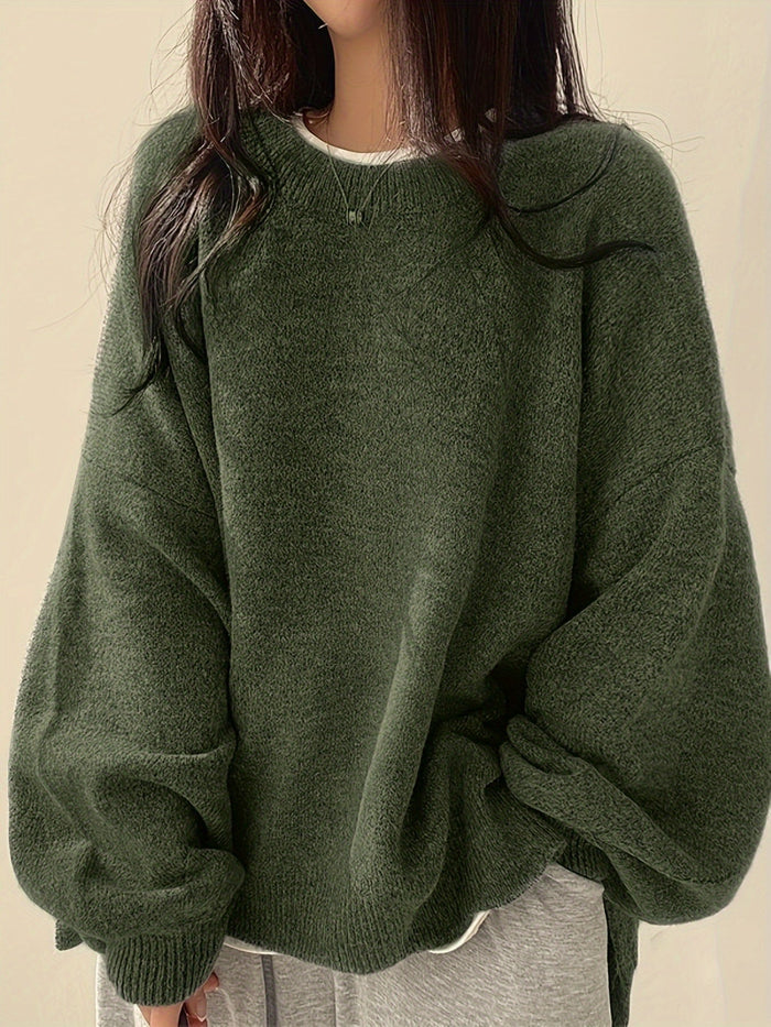 Everlight split detail sweater in olive green, front view on model