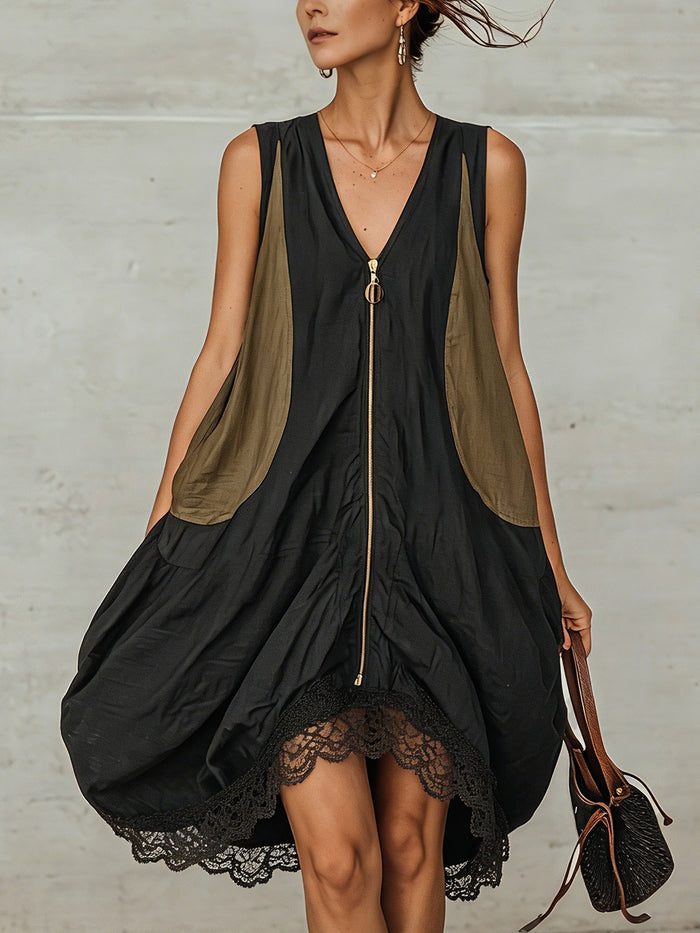 Inès colour-block tulip mini dress in black with olive panels, front view
