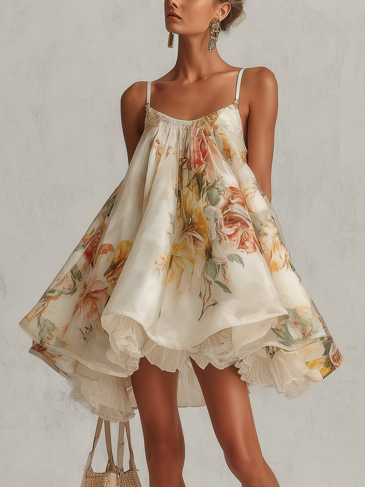 Blanche floral organza mini dress in beige, front view with lace-trimmed hem