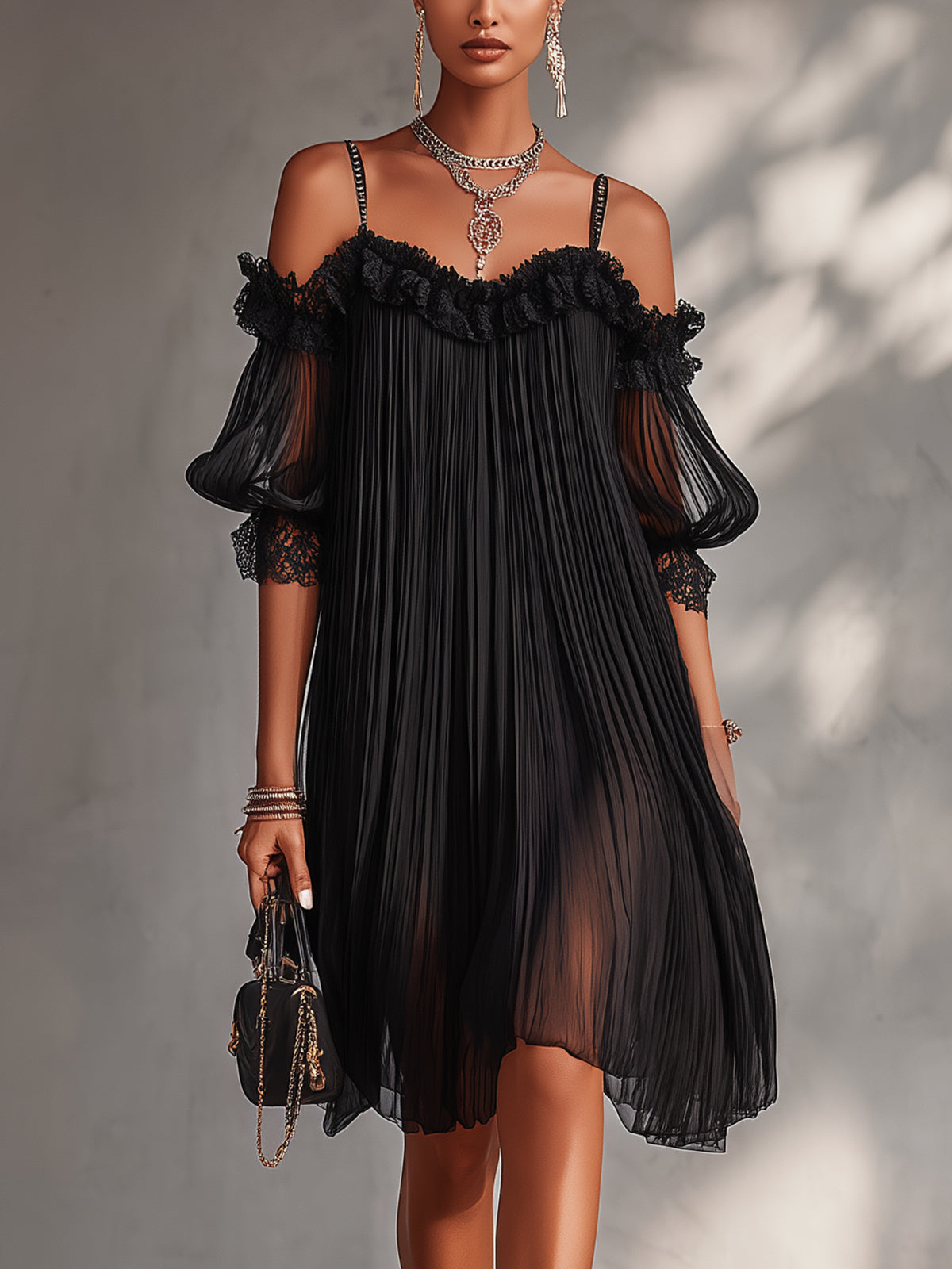 Camille black off-shoulder mini dress with lace trim, front view