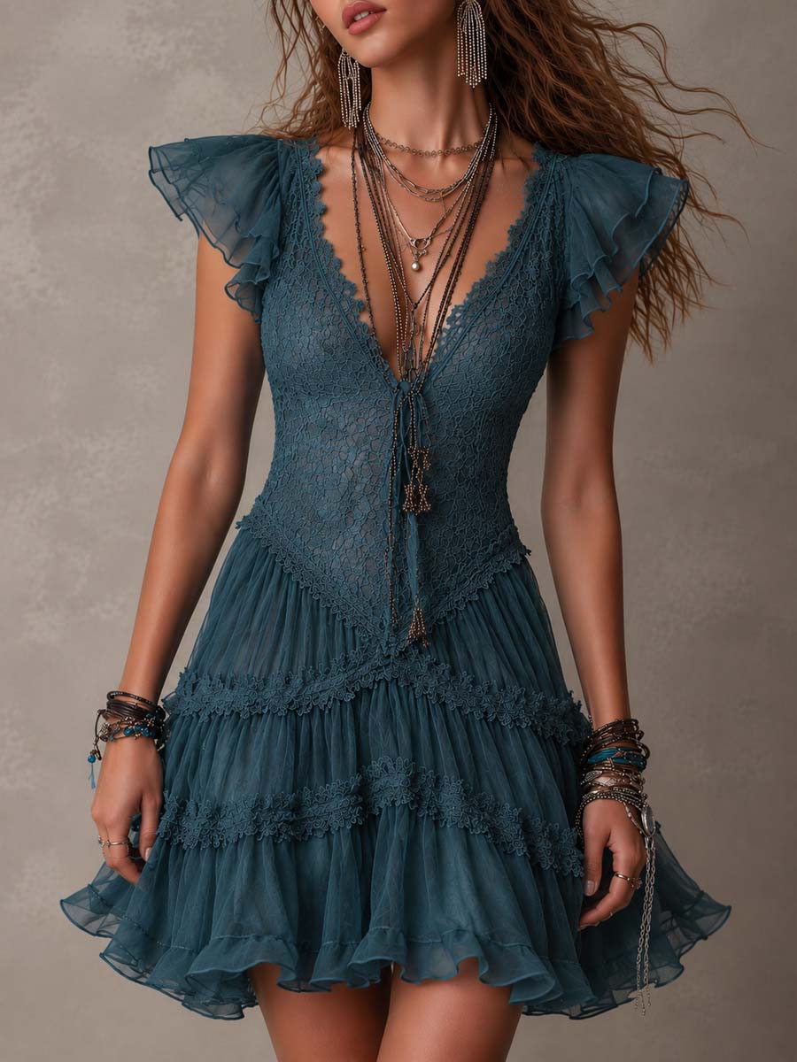 Delphine lace ruffle mini dress in blue, front view with deep V-neckline