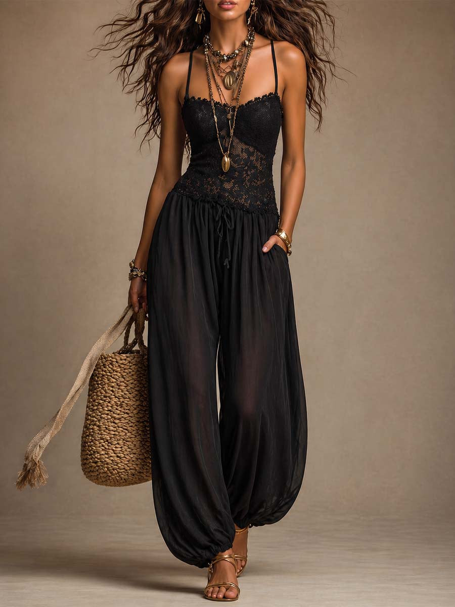 Beatrice lace and chiffon harem jumpsuit in black, full-length front view