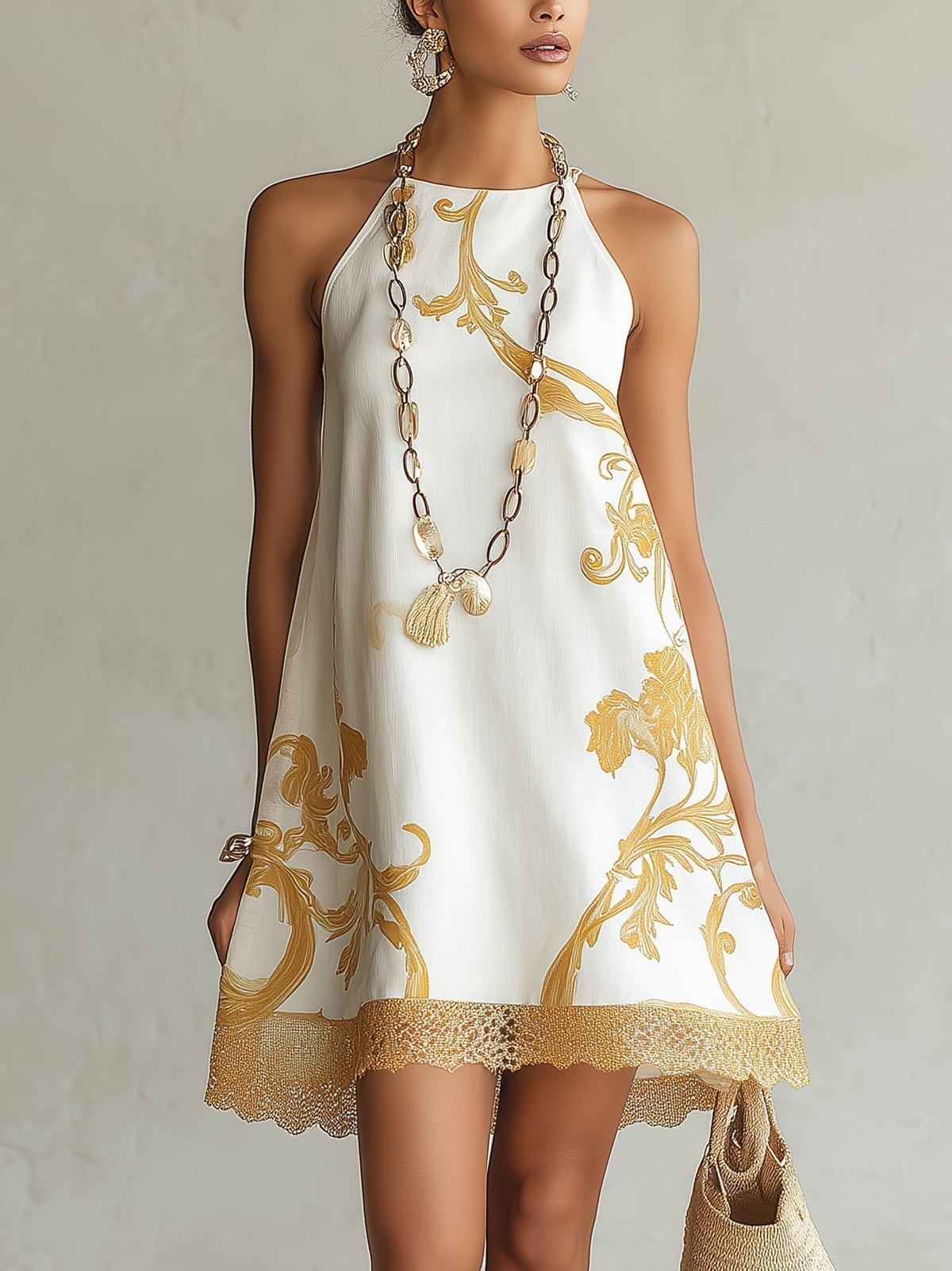 Héloïse white lace mini dress with gold print, full front view