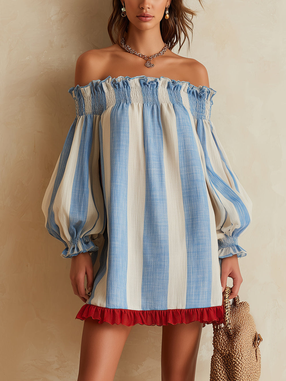Ondine striped off-shoulder mini dress in blue and white, front view