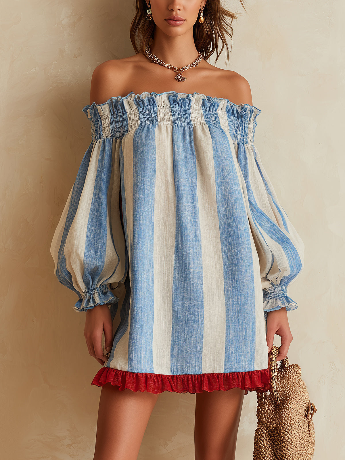Ondine striped off-shoulder mini dress in blue and white, front view