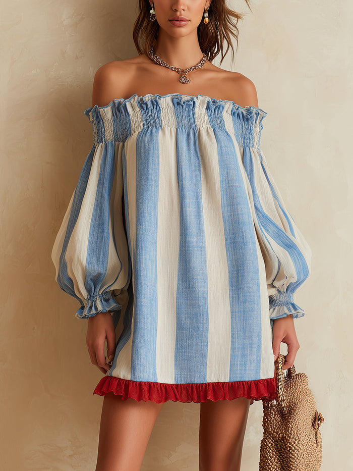 Ondine striped off-shoulder mini dress in blue and white, front view