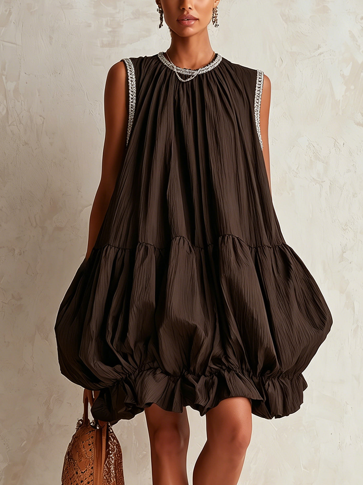 Colette sleeveless bubble-hem mini dress in brown, front view
