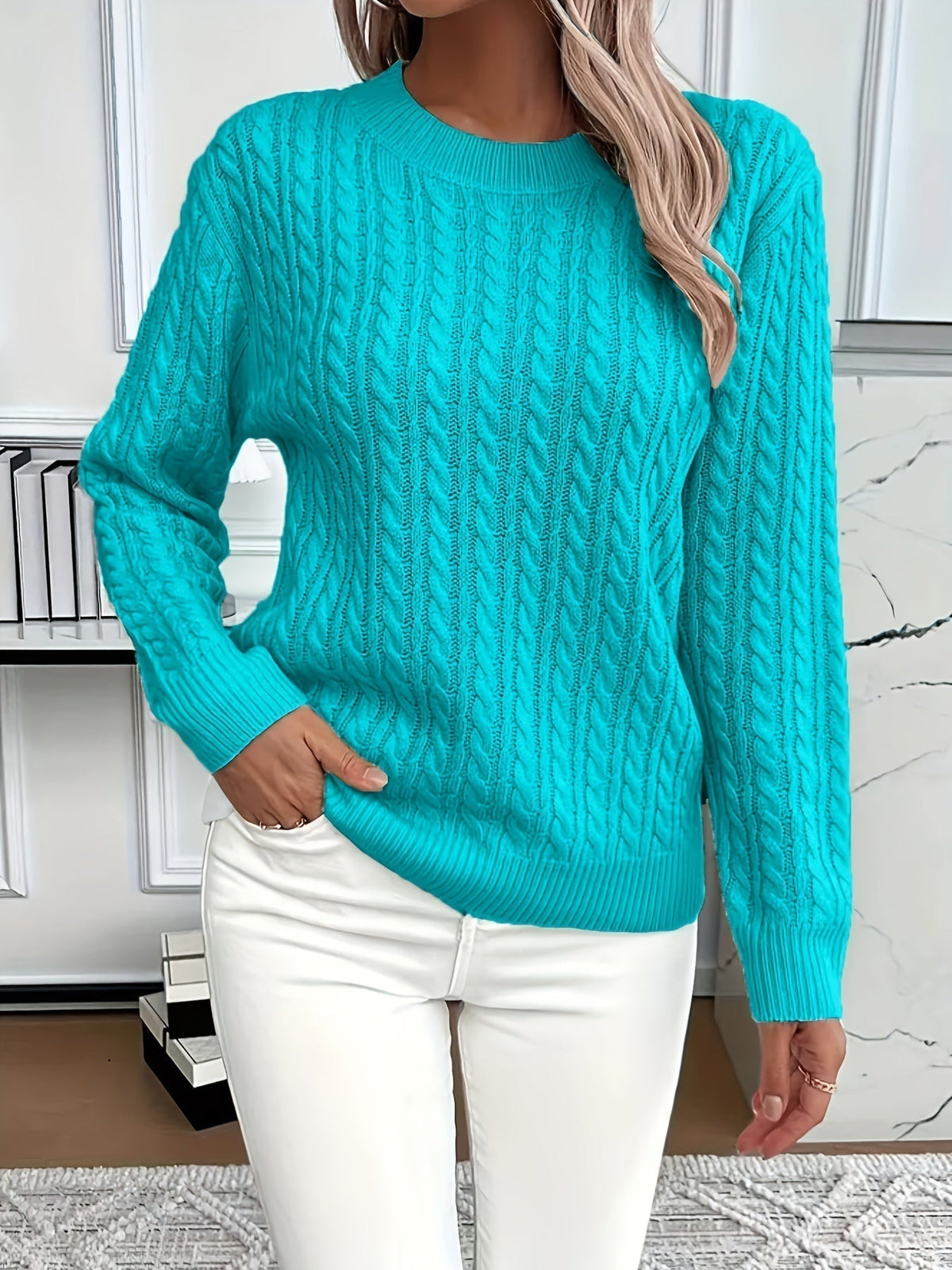 Bernila cable knit jumper in sky blue, front view
