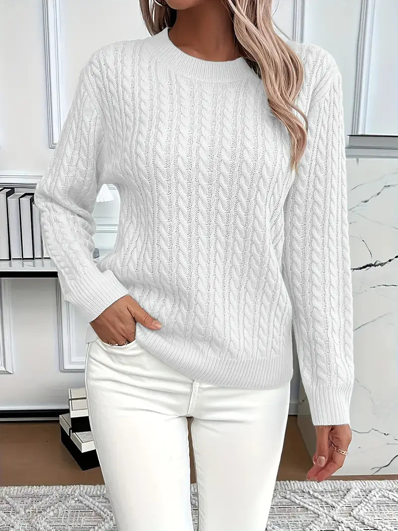 Bernila cable knit jumper in white, front view worn with white jeans