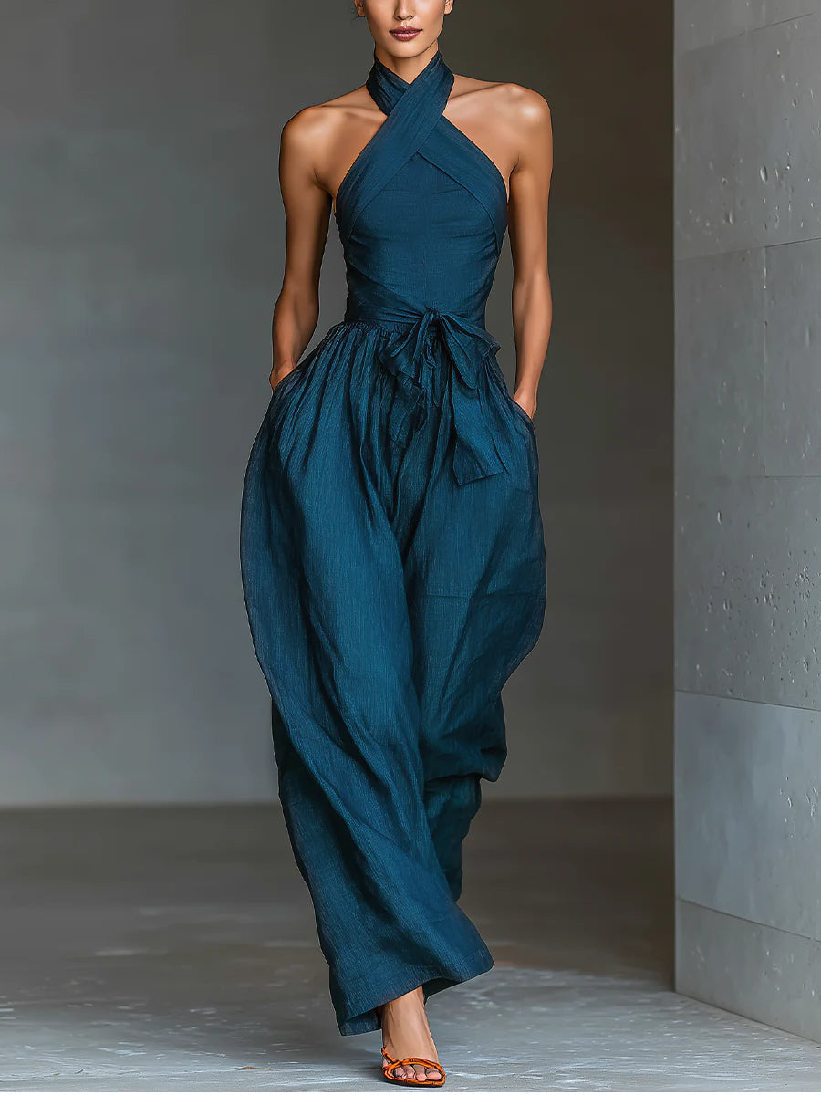 Nadia halter wide-leg jumpsuit in navy, full-length front view