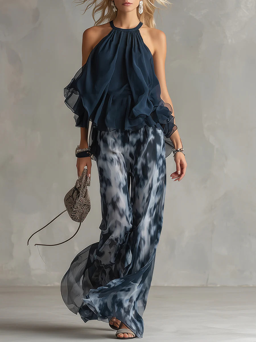 Sofia halter neck top and printed wide-leg trouser set in navy, front view