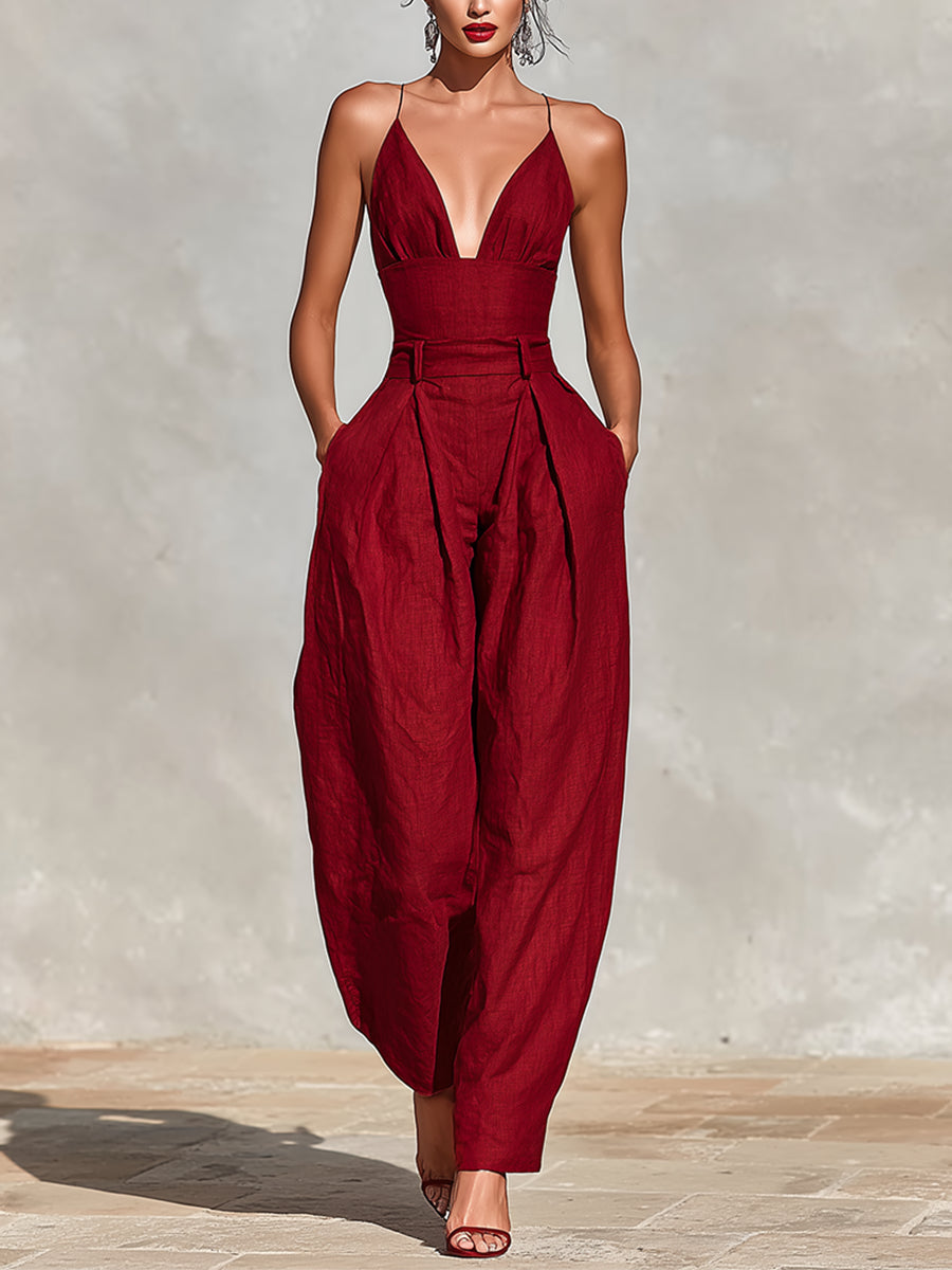 Scarlett high-waisted jumpsuit in red, full-length front view