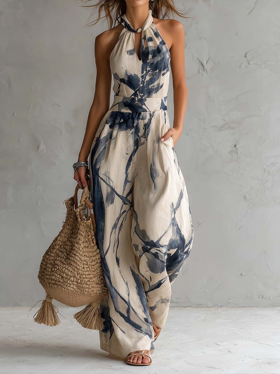 Lila ink wash print wide leg jumpsuit in beige and navy, full-length front view