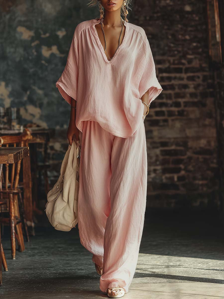 Samantha V-neck shirt and trousers set in pink, full-length front view