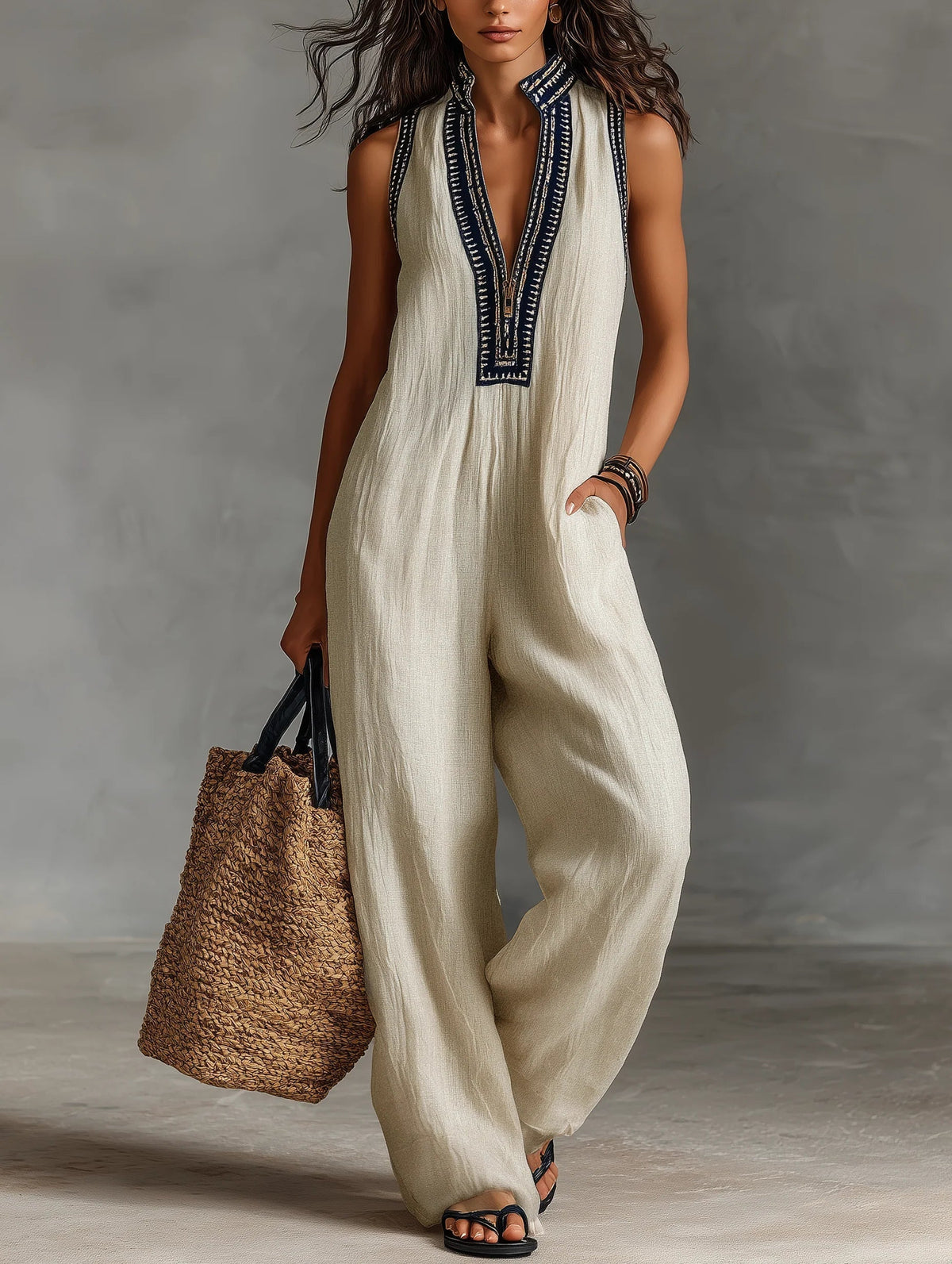 Lila stand-up collar jumpsuit in beige, full-length front view with straw tote