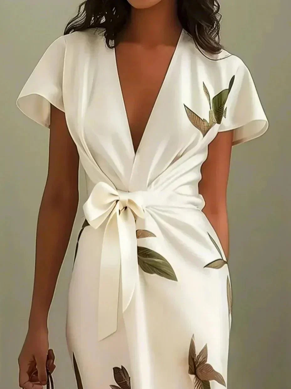 Melody midi dress in white, close-up of deep V neckline and waist tie bow