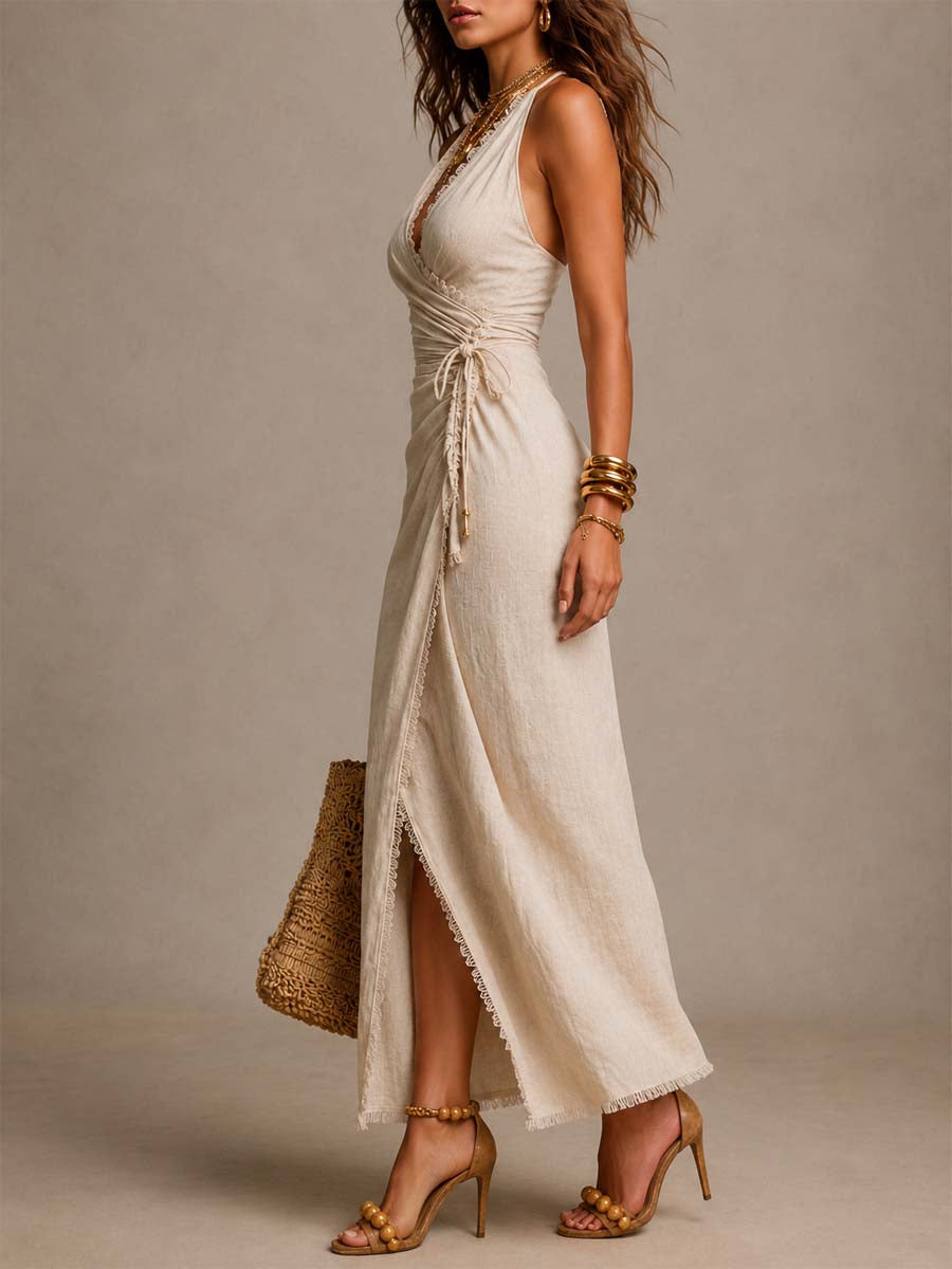 Isabella wrap maxi dress in beige, side view showing slit and lace hem