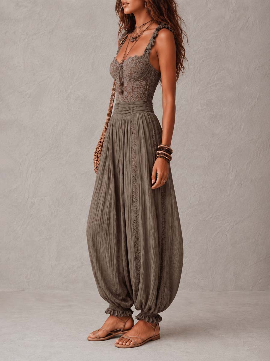 Beatrice harem jumpsuit in khaki, side view with ruched waistband