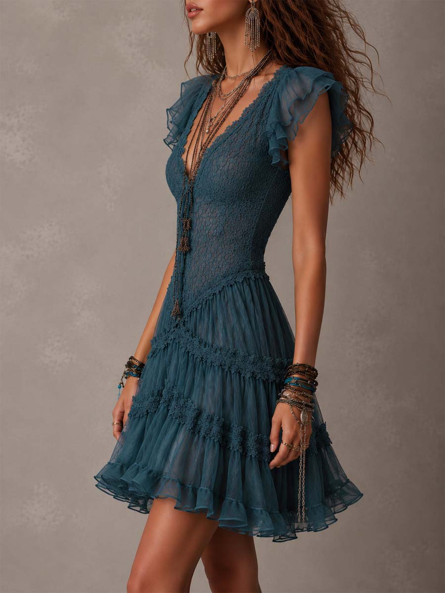 Delphine lace ruffle mini dress in blue, side view with flutter sleeves