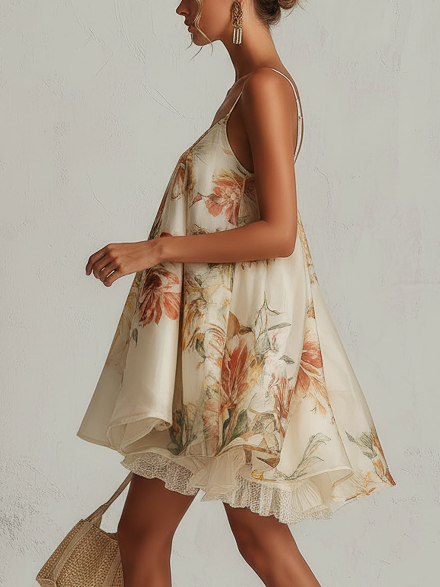 Blanche floral organza mini dress in beige, side view showing flared A-line skirt
