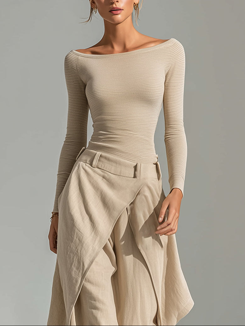 Delphine ribbed boat-neck top in beige, close-up upper body view