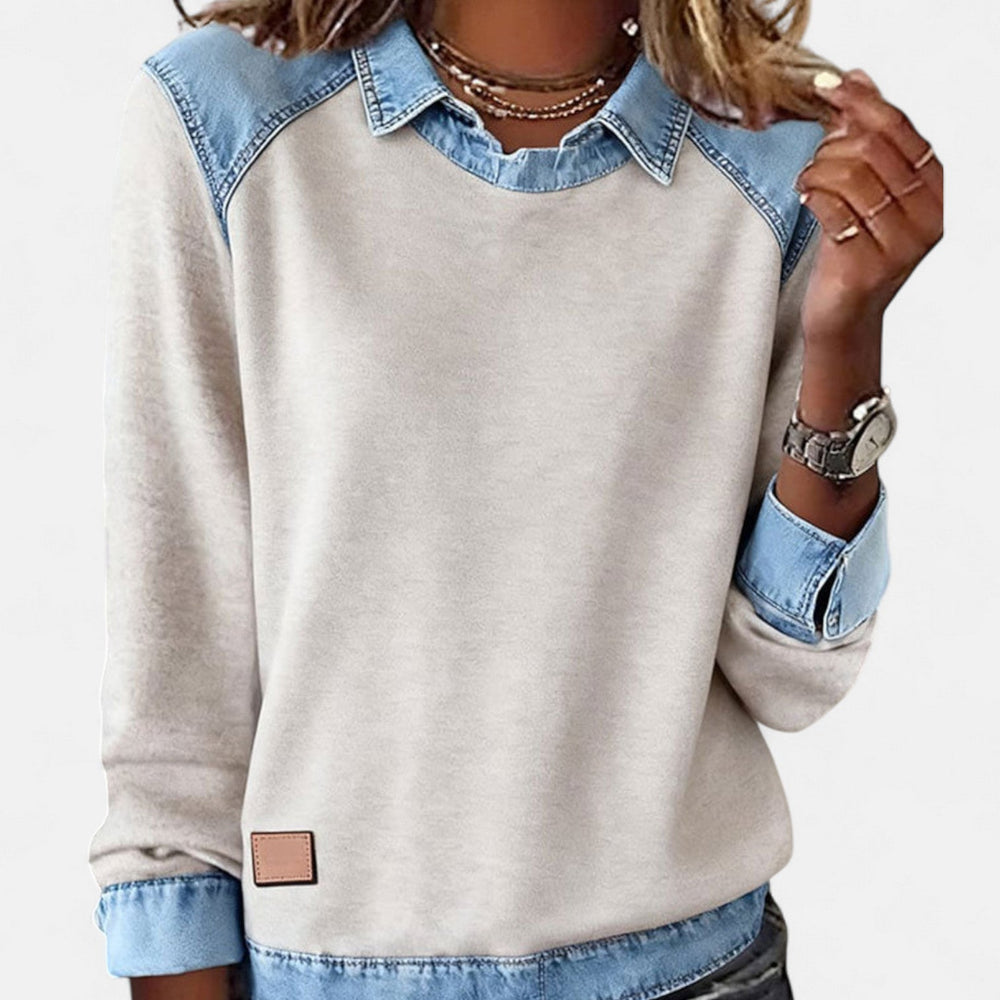 Zailah collared sweater in beige, front view with contrast shoulder panels