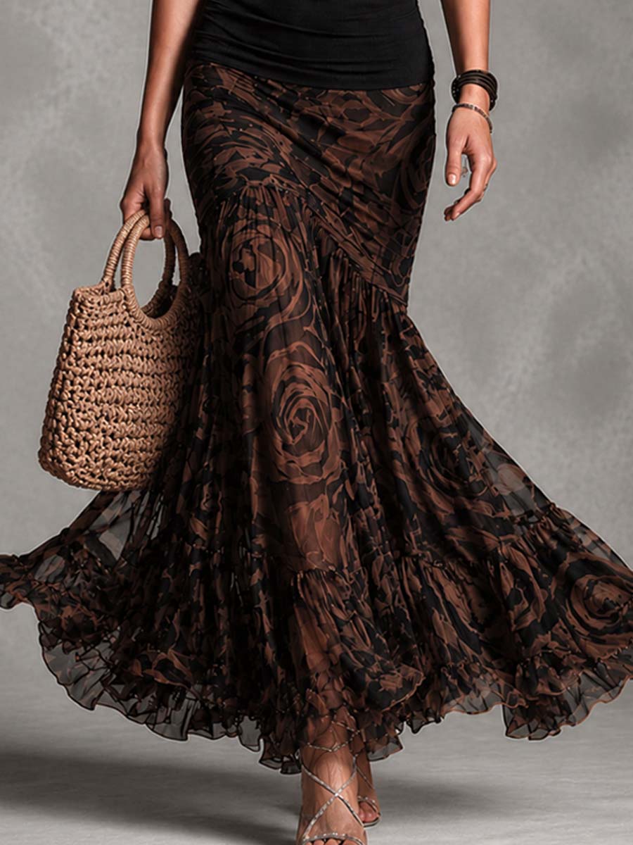 Rossana brown rose print mesh maxi skirt with ruffled hem, close view