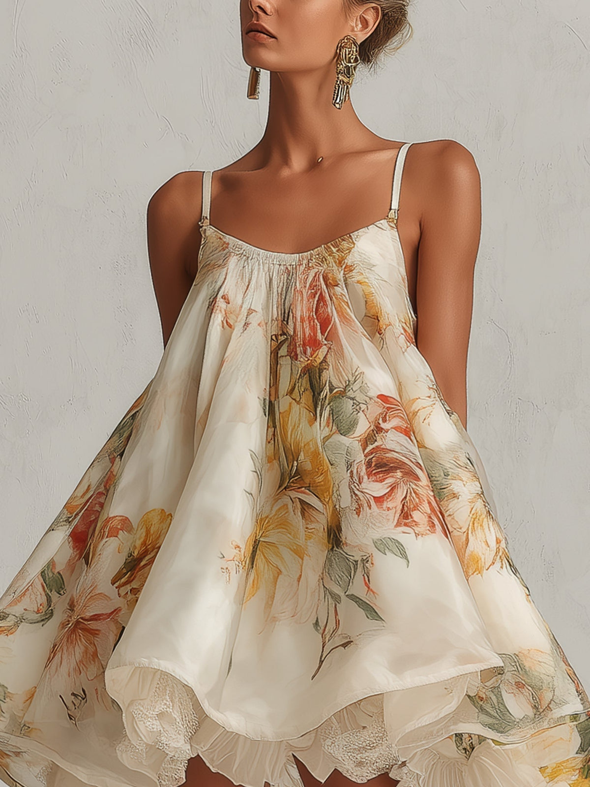 Blanche floral organza mini dress in beige, close front view of gathered scoop neckline