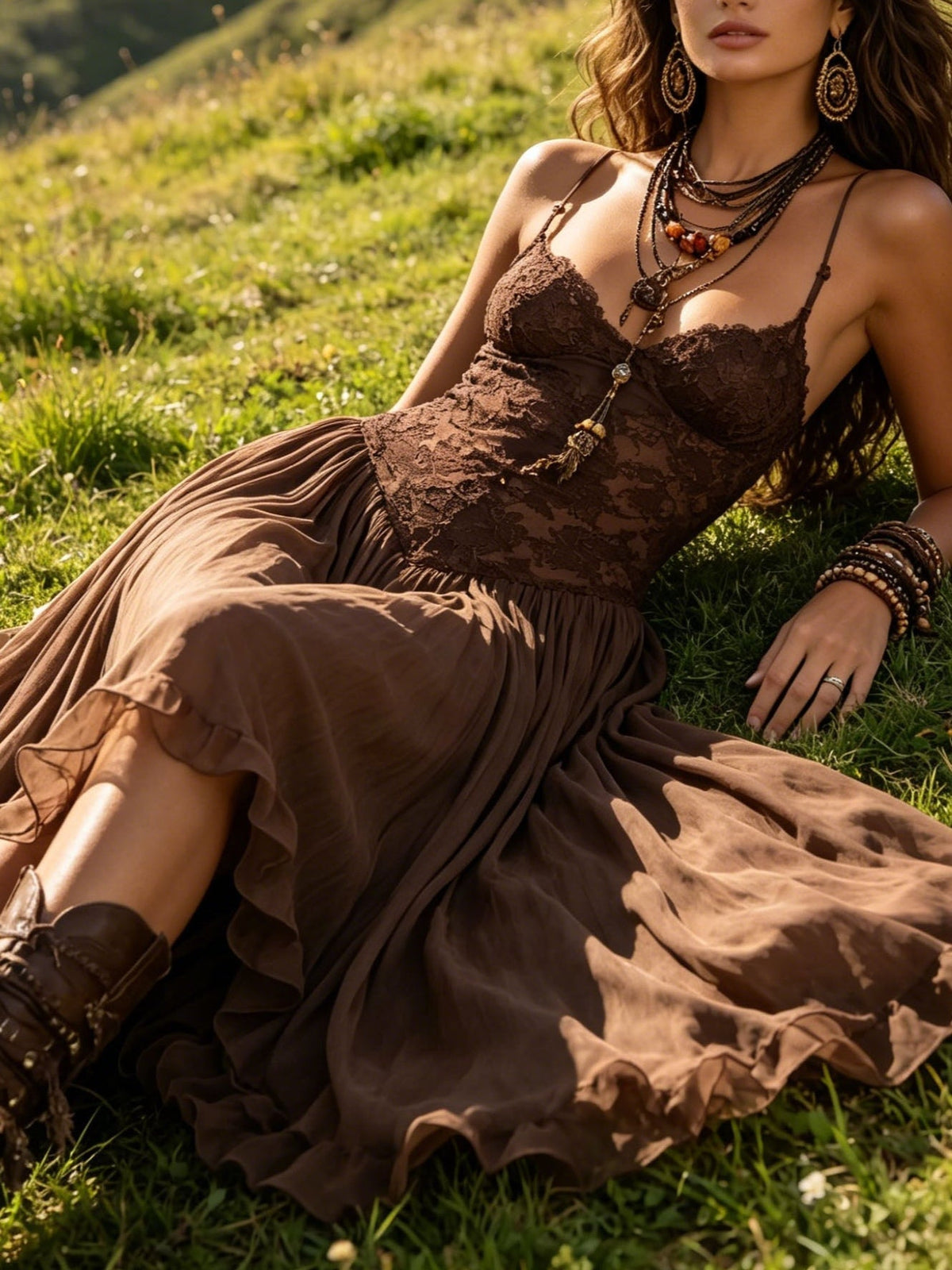 Federica brown lace bodice close-up, seated outdoors