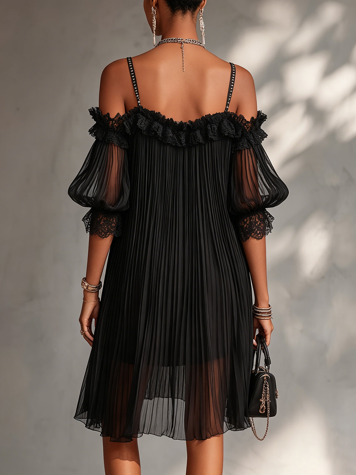 Camille black off-shoulder mini dress, back view