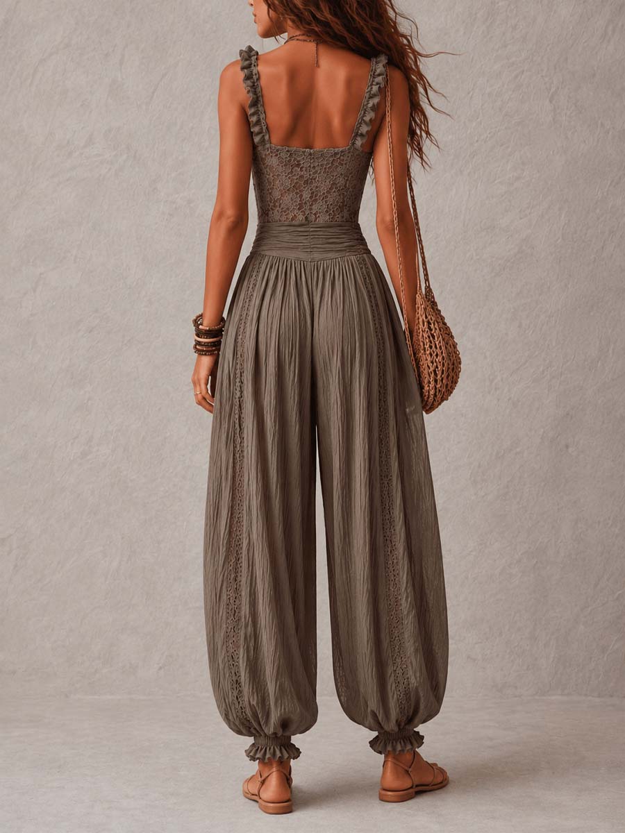 Beatrice harem jumpsuit in khaki, back view with ruffled straps