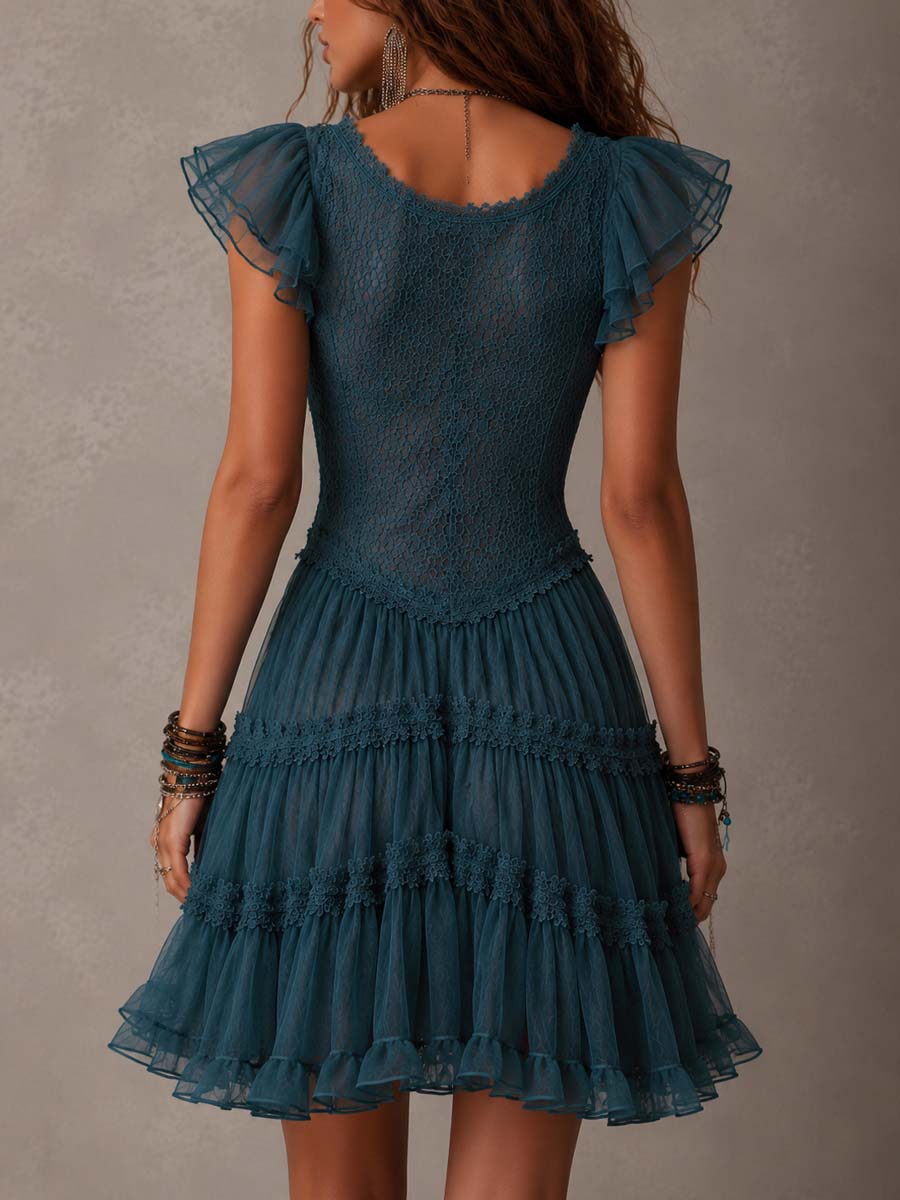 Delphine lace ruffle mini dress in blue, back view showing tiered skirt