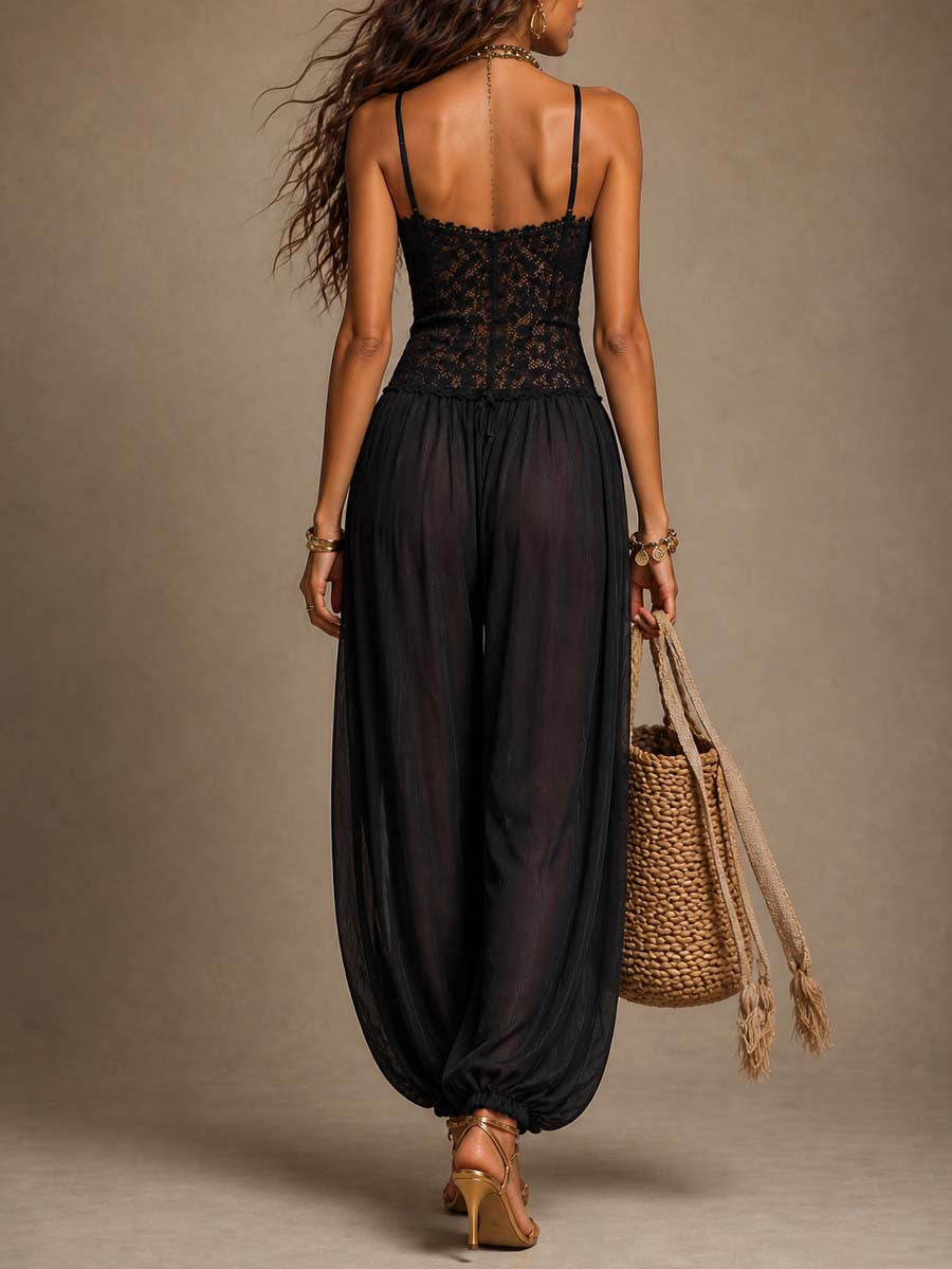 Beatrice harem jumpsuit in black, back view with lace bodice