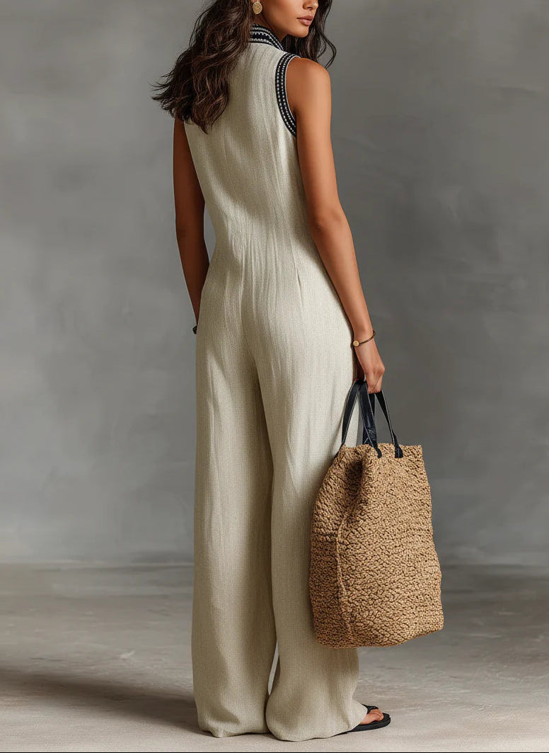 Lila sleeveless jumpsuit in beige, three-quarter back view