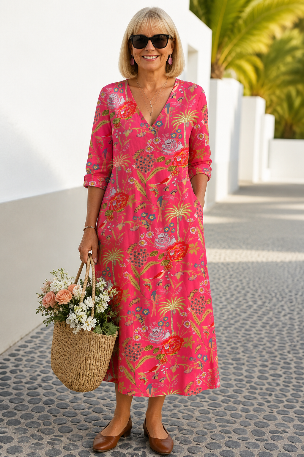 Esme midi dress in pink floral print, full-length front view